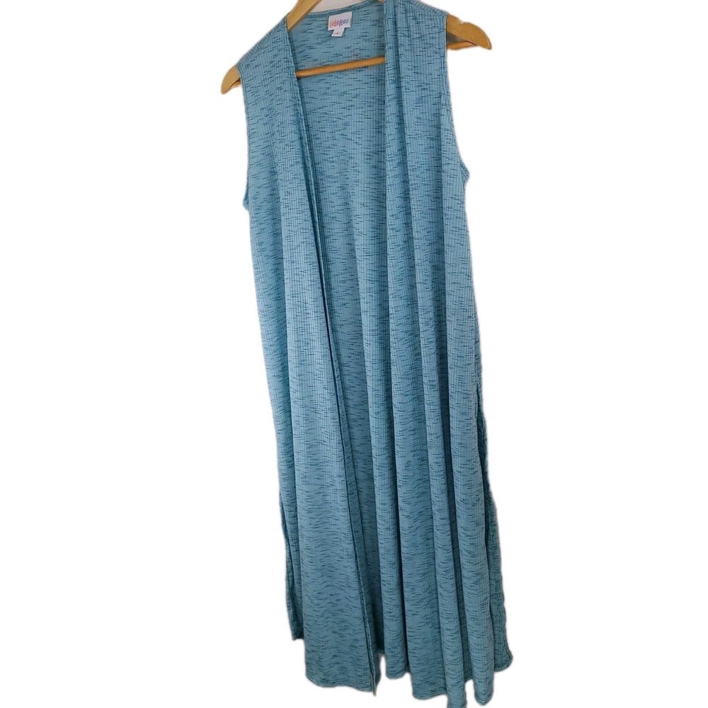 LuLaRoe Joy Heathered Blue Long Open Front Vest – Sleeveless Kimono Cardigan- S